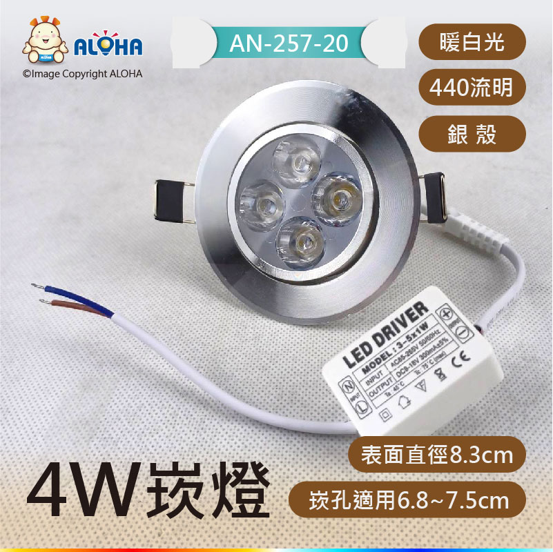 4W暖白光投射崁燈440流明30度-崁孔7.5cm-每W-110流明-銀殼